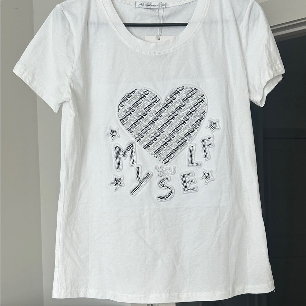 White Short Sleeve Tee with Silver Sequin Heart & Lettering